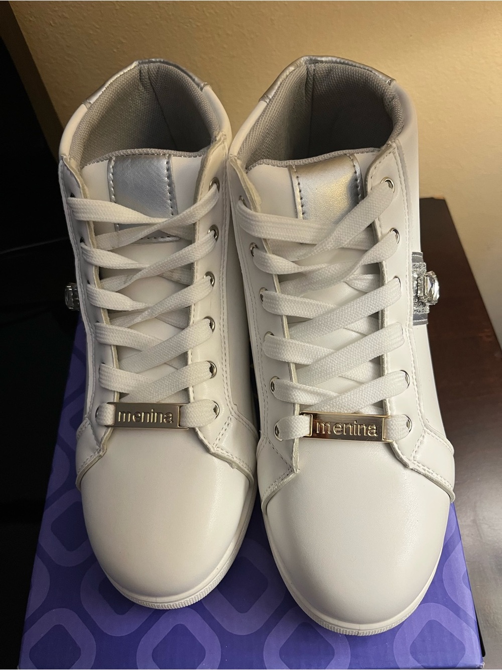 Menina White High Top Sneakers Silver Accents Bling